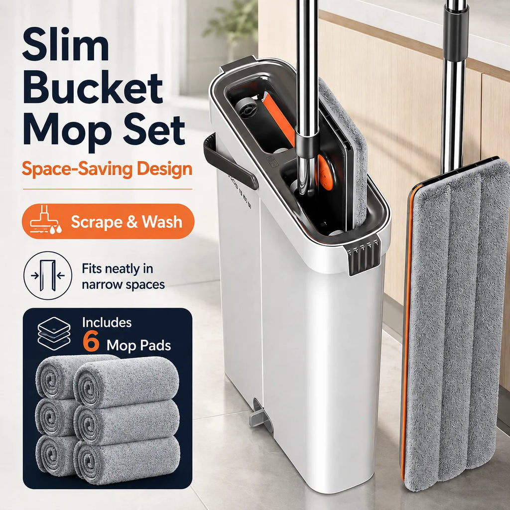 Joybos Space-Saving Slim Mop Bucket Set (Only 5.3" Wide), Self-Wringing Flat Mop with Built-in Hair Scraper & Anti-Tipping Suction Base, Includes 2 Washable Pads