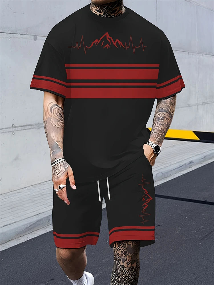 2025 Summer New Two-piece Men's Casual Striped Pattern Printed Short-sleeved T-shirt And Sports Shorts Suit Fitness Sports Suit