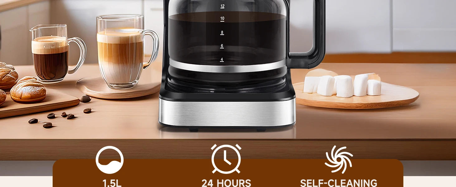 Electric Drip Coffee Maker, with Reusable Filter, Lcd Screen, 24-Hour Programmable, Self-Cleaning, 12-Cup Capacity, 950W