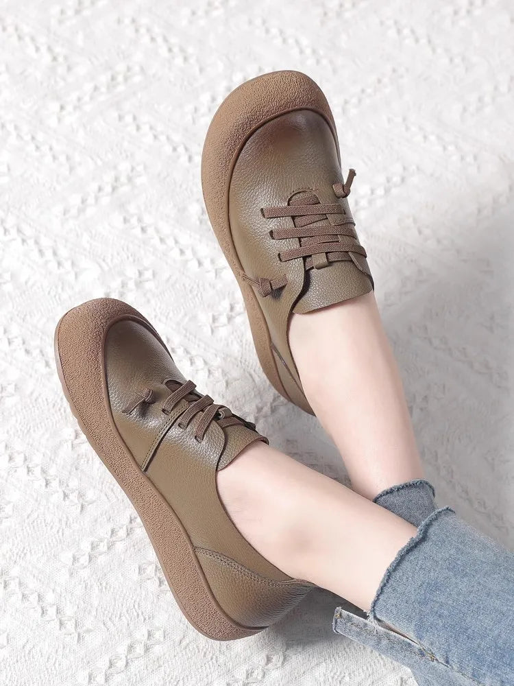2025 Spring Autumn New Leather Women's Shoes Soft soled Comfortable Versatile Thick soled Casual Shoes Retro Leather Shoes