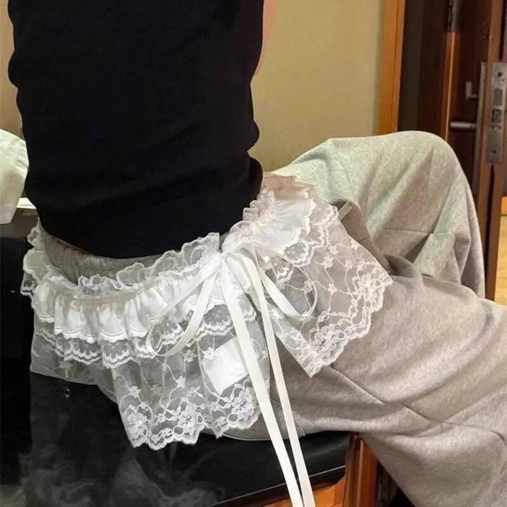 Polyester Embroidered Flower Lace Mini Skirt See Through Y2K Streetwear Ruched Skirts Harajuku Butt Curtain Jeans Decoration