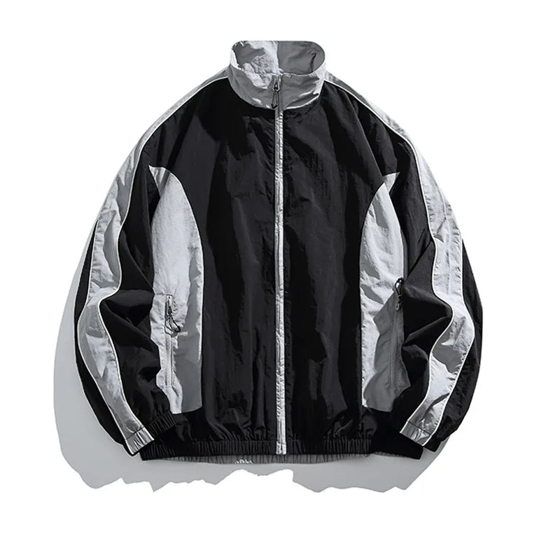 Japanese Retro Youth Streetwear Jacket - Men's Color-Blocked Stand Collar Waterproof Windbreaker Urban Outdoor Functional Jacket