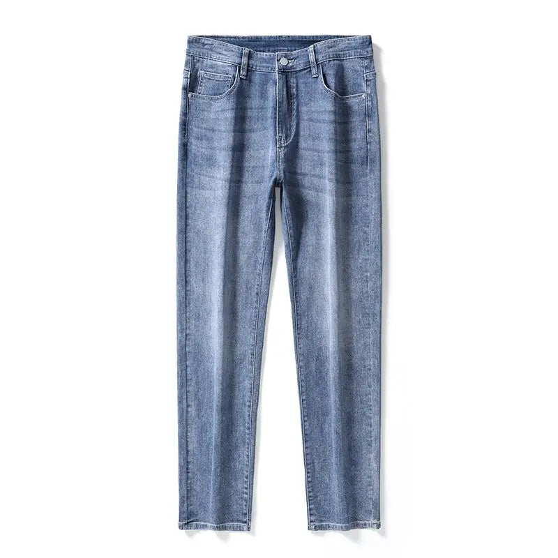 Korean Fashion Men's Soft Stretch Slim Fit Jeans Business Casual Straight Denim Pants Classic Brand Washed Blue Gray Trousers