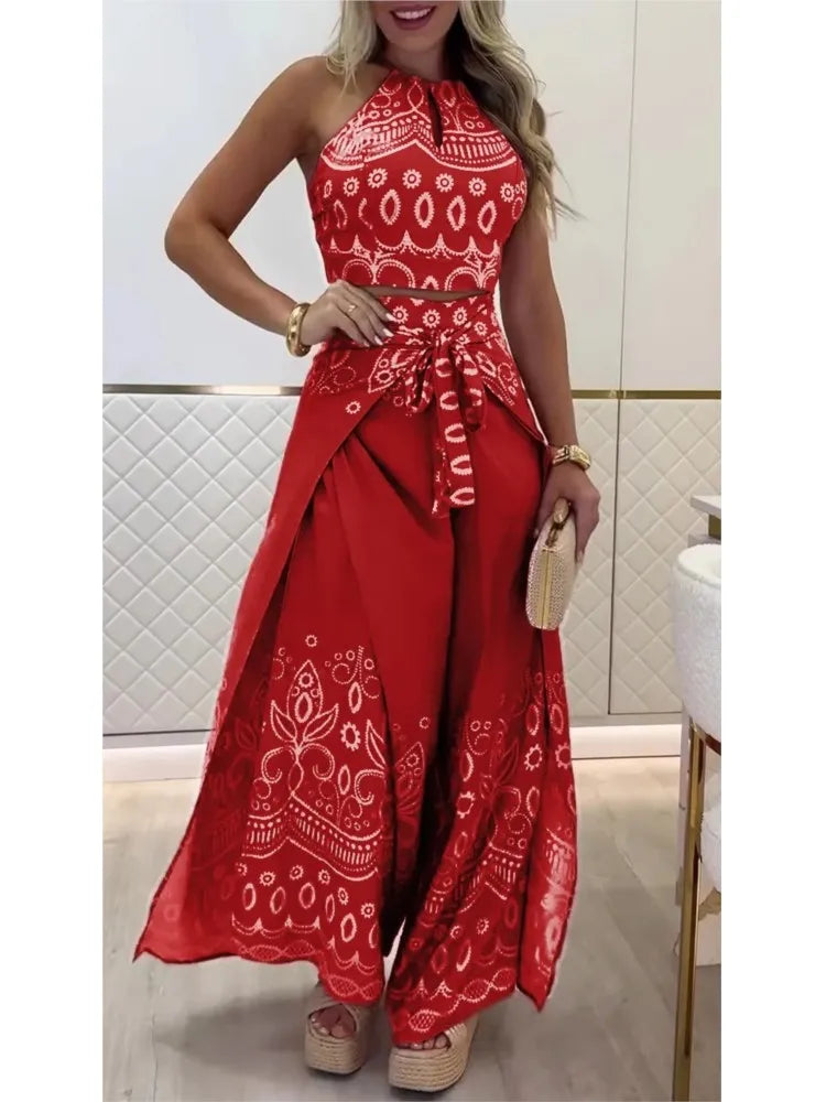 Summer New Fashion Printed Casual Loose Suit Literary Retro Sleeveless Halter Top Wide-leg Pants Commuting Two-piece Sets