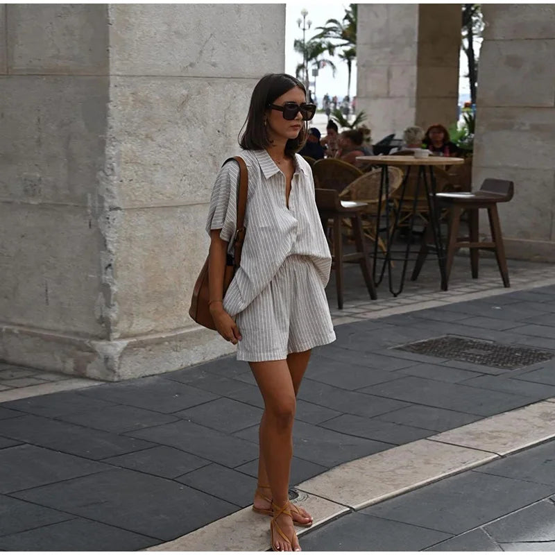 Casual Drawstring Shirt Pants Set Women Lapel Button Short Sleeve Pocket Loose Top Wide Leg Pants 2025 Chic Summer Women's Suit
