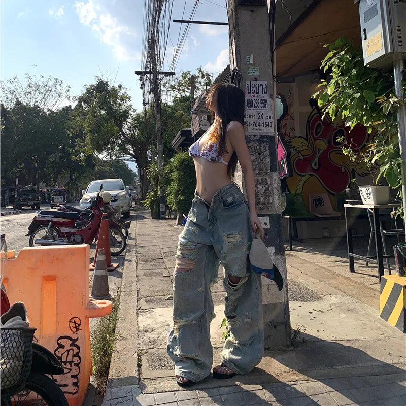 Benuynffy Bf Style Ripped Heavy Industry Straight Jeans Women's Do old High Waisted Y2K Streetwear Loose Wide Leg Trousers