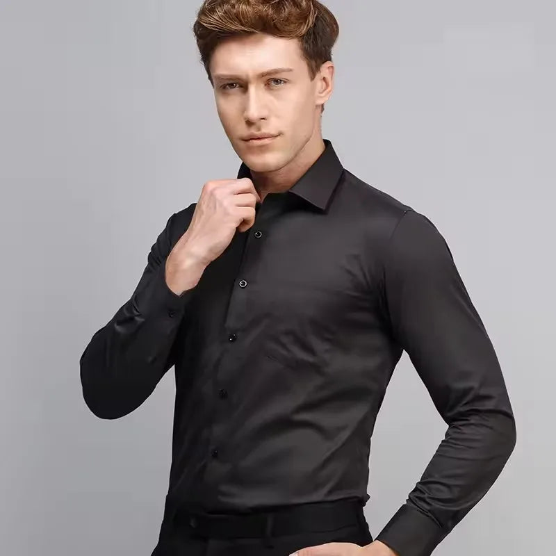 Men Formal Shirt Long Sleeve Autumn Office Solid Color Fashion Business Pocket White Social Pocket Office White Shirt S-7XL 6XL