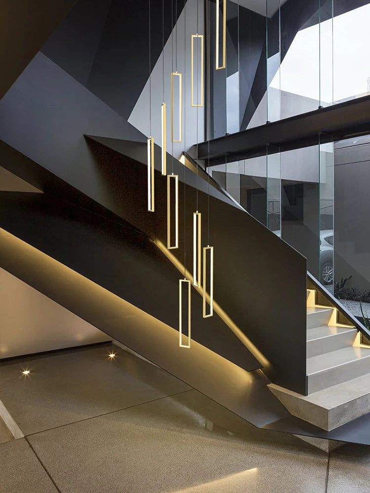 Modern Simple Staircase LED Chandeliers Aluminum Squarer Pendant Lights Loft Villa Duplex Exhibition Hall Decor Lighting Fixture