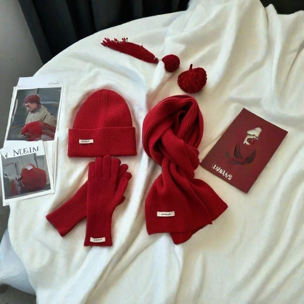 Knitted Winter Scarf Woman Solid Color Hat Scarf Gloves Women's Windproof Adult Three-piece Set Fashion Women's Scarf Hat Set