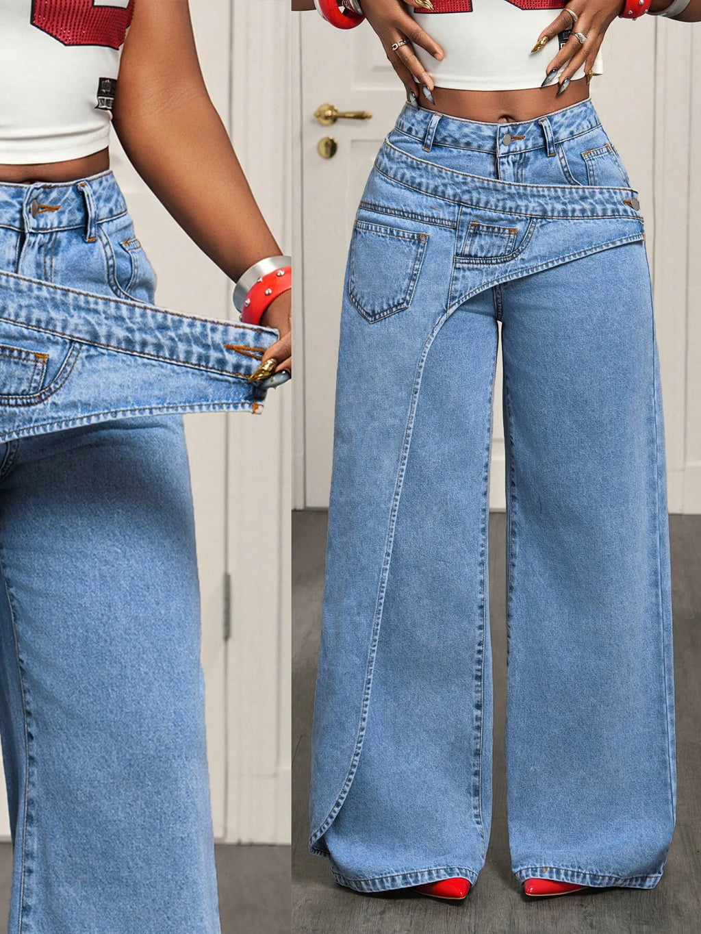 Women Designer Denim Pant Jeans Vintage Wide Leg Big Pockets Floor Pants High Waist Y2k Streetwear Elegant Casual Loose Trousers