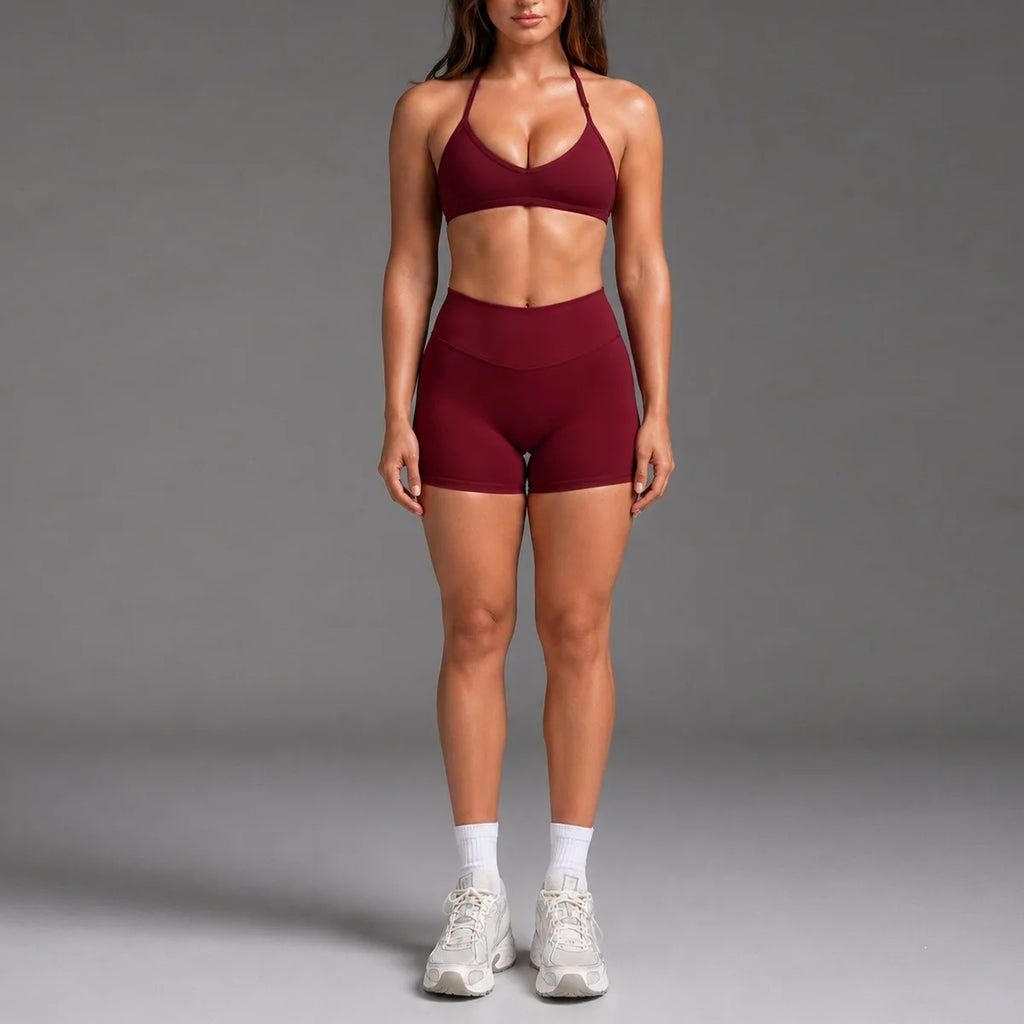 2PCS Women Yoga Set Solid Color Beautiful Back Hanging Neck Bra with Chest Pad Quick-Dry Fitness Running Shorts Yoga Set