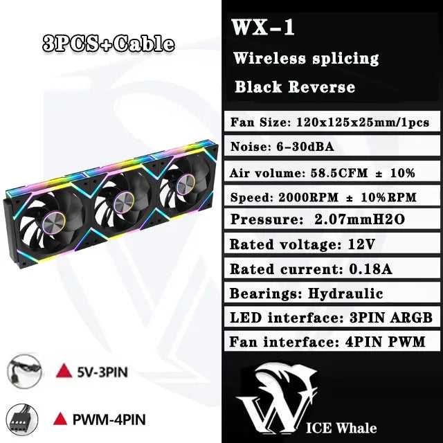 ICE Whale WX-1 Wire-Splicing PC Case Cooling Fan ARGB Mirror Cycle Light Effect 800-2000RPM PWM Water Cooling 360mm Cooler Fan