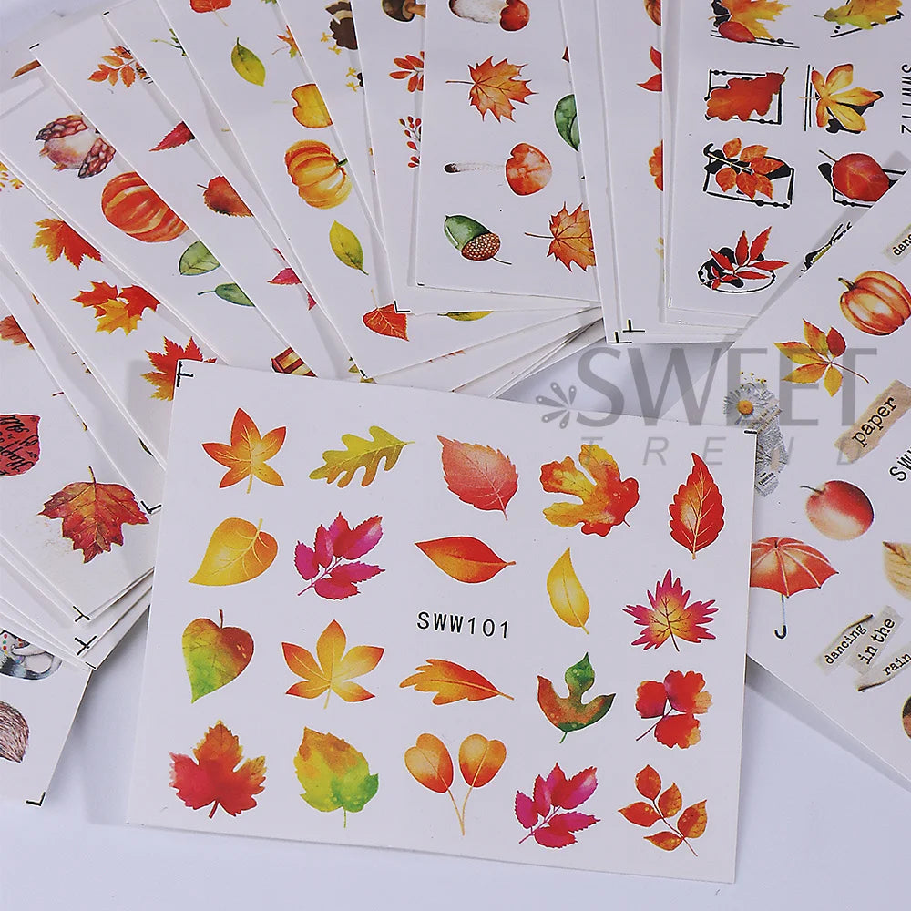 24pcs Fall Maple Leaf Nail Stickers Water Transfer Decals Geometry Leaves Mushroom Turkey Pumpkin Squirrel Design Manicure Decor