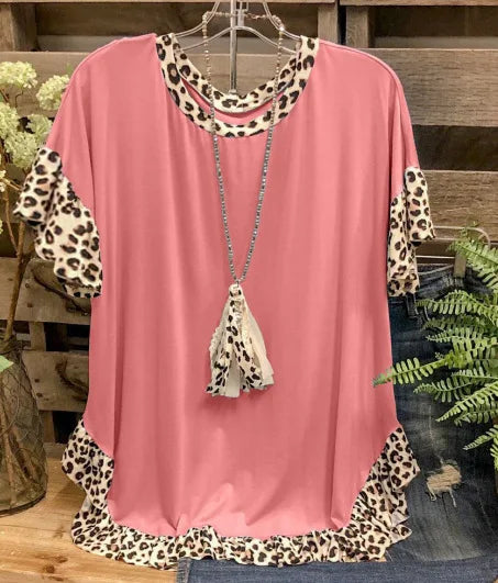 2026 New Women's Clothing, Leopard Print Splicing Short-sleeved Round Neck Loose Medium and Long Top T-shirt Women's Cw65684