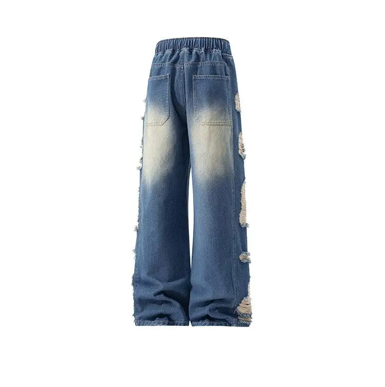 M-XXXL Men's Vintage Washed Jeans American Style Distressed Casual Denim Pants Autumn with Side Rips Drawstring Elastic Waist