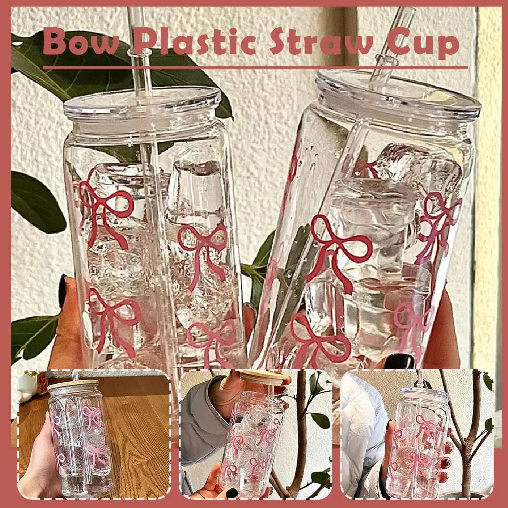 500ml Pink Bow Plastic Cups With Lids And Straws Reusable Bow Aesthetic Cup For Drinking Coffee Tea Cocktail For Party Support