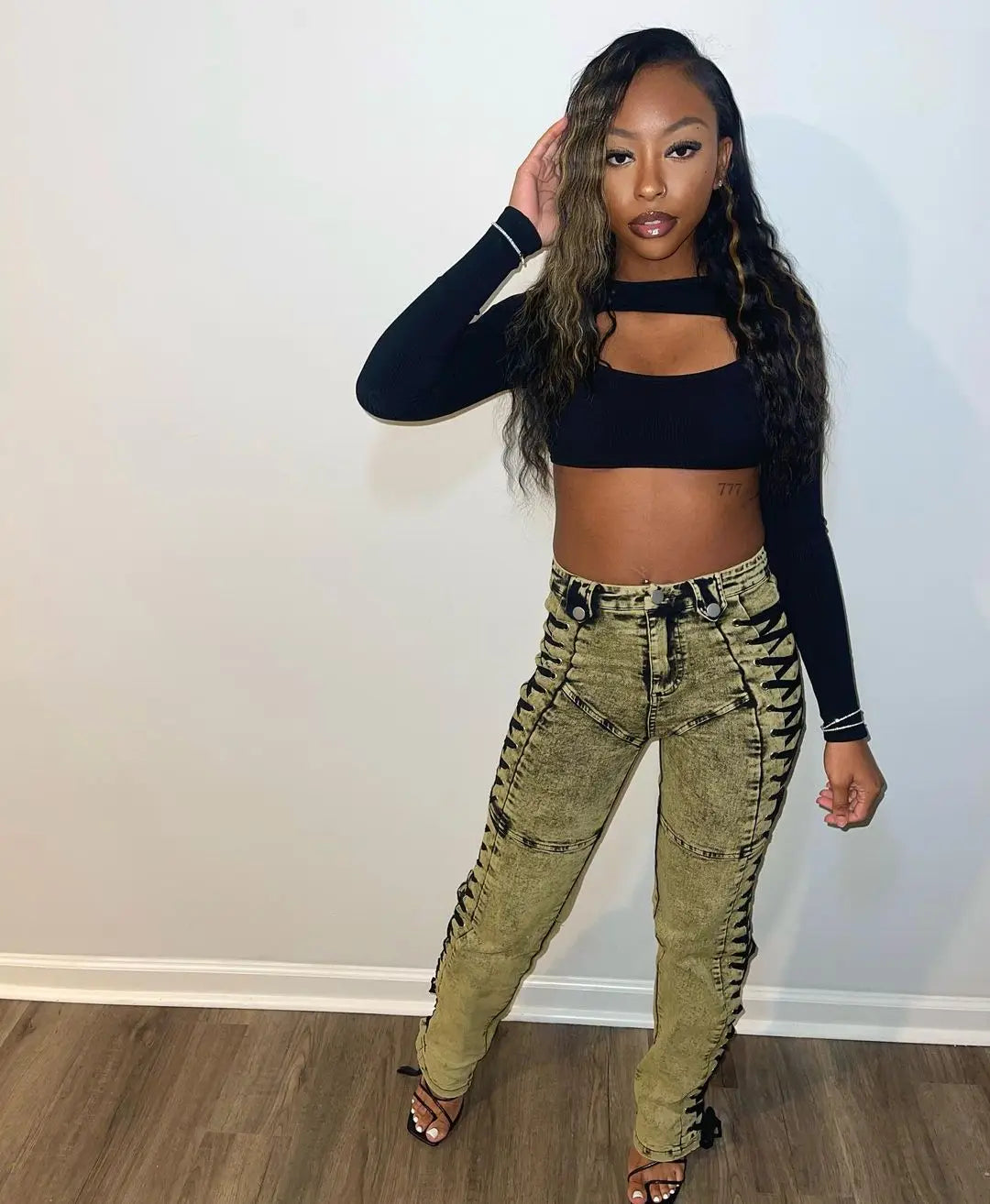 Europe America New Fashionable Women's Straight-leg High-waisted Jeans, Featuring Lace-up Straps and Drawstrings for Hot Girls
