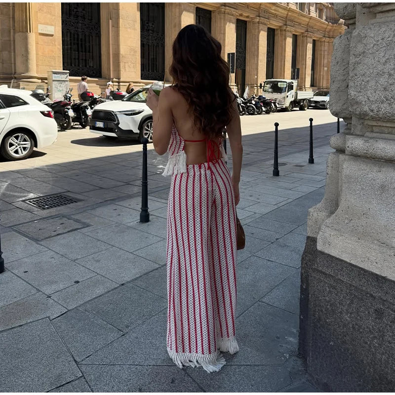 Halter Vertical Striped Fringe Two Piece Set Sleeveless Tank Top Loose Wide Leg Pants Women 2026 Summer Holiday Beach Chic Suit