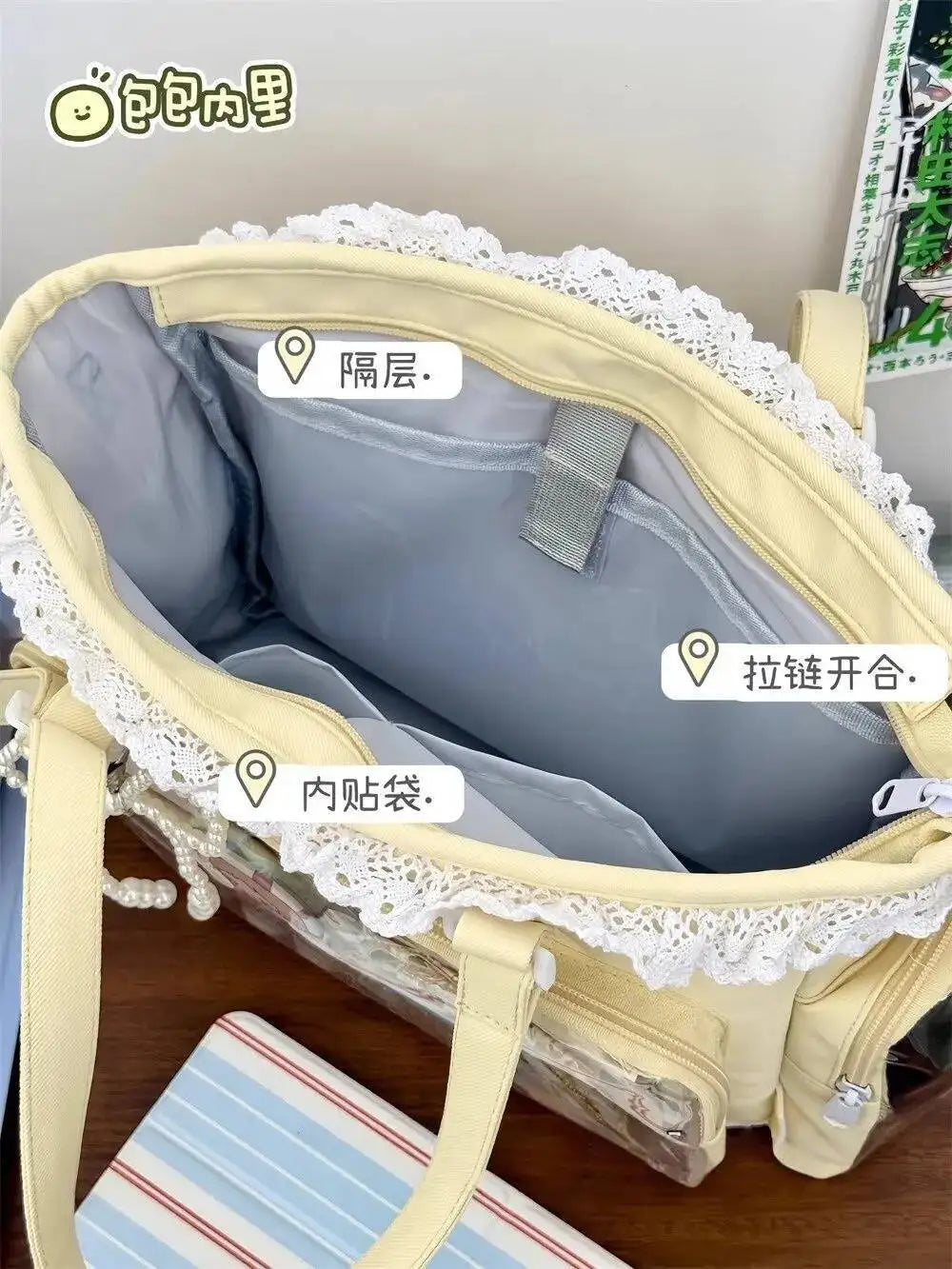 Japanese Sweet Women Ribbon Ita Bag Fashion Large Capacity Tote Bag Aesthetic Shoulder Bag Cute Lolita Girl Transparent Handbags