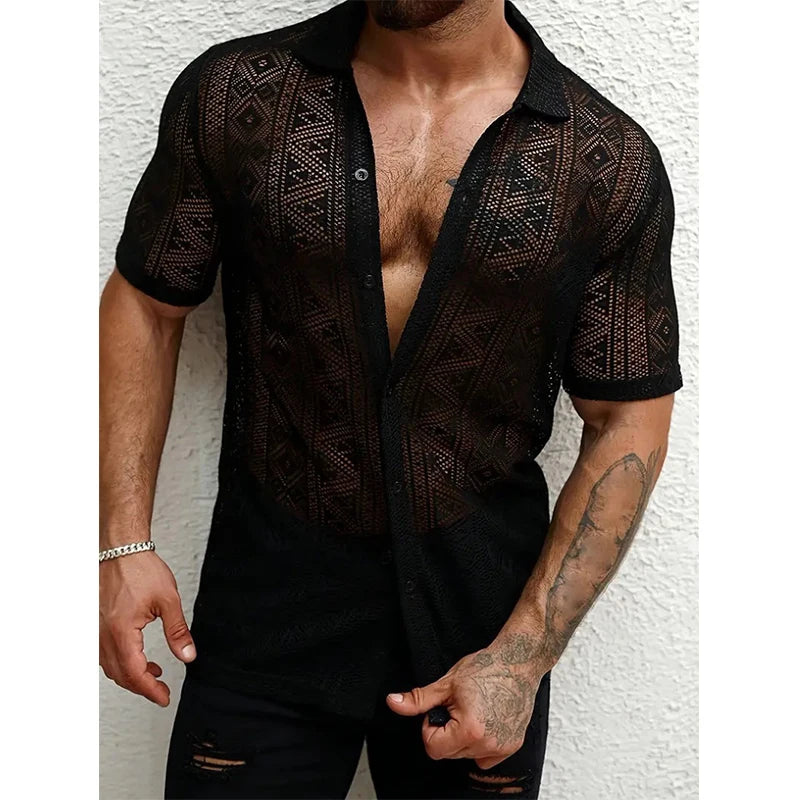 New Chic Men Sexy Lace Shirts Fshion See-through Button-down Short Sleeve Cardigan Tops Vintage Hollow Out Style Holiday Blouse