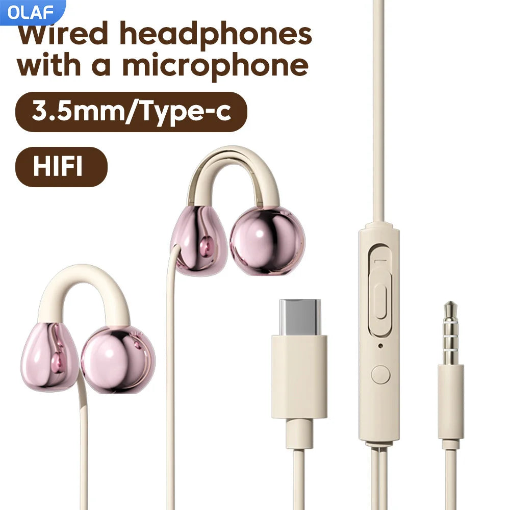 Clip-on Type C&3.5mm Wired Control Headphones HIFI Sound Sports Earbuds Gaming Headsets Earphones in HD Mic For iPhone 15 16 17