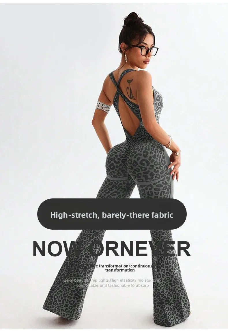 New Leopard Print Bodysuit Women Seamless Flared Pants Jumpsuits Sexy One-piece Fitness Suit Cross Back Stretchy Yoga Jumpsuits