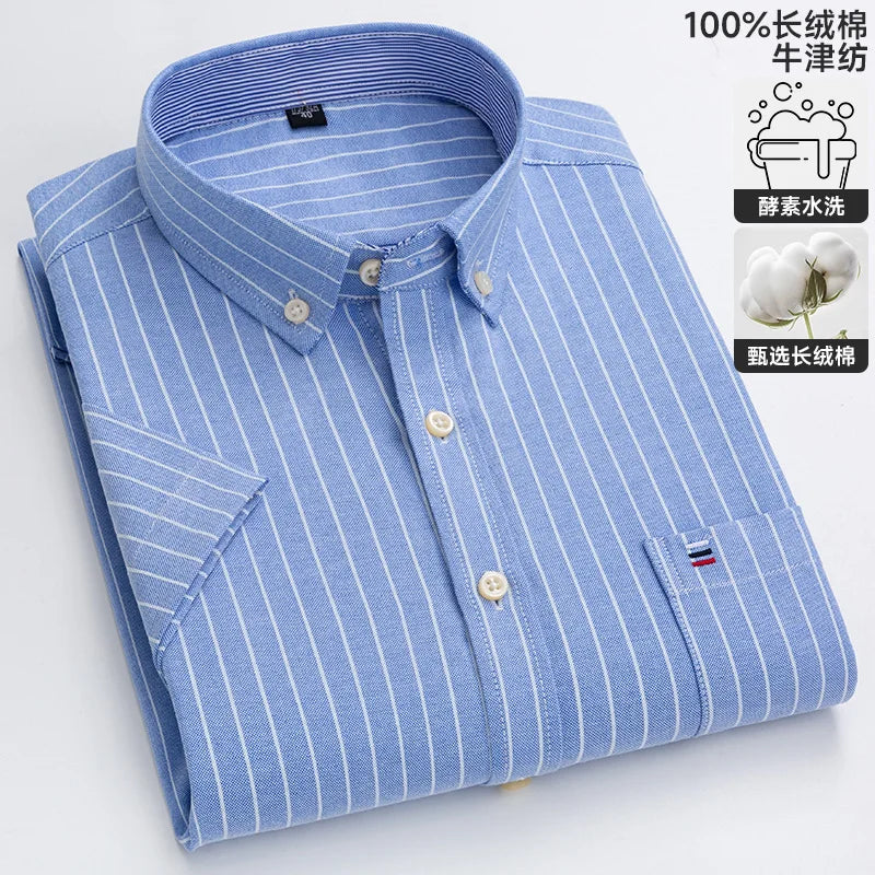 New 100% Cotton Oxford Men's Shirts Short Sleeve Plaid Soft Regular Fit Formal Dress Shirt Social Blouse Male Clothes 6XL 7XL