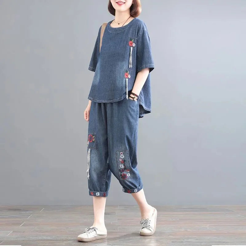 Women Denim Set Female Jeans Two Piece Set 2025 New Spring Summer Thin Korean Loose Cowboy Pants 2 Piece Set Large Size 2PCS