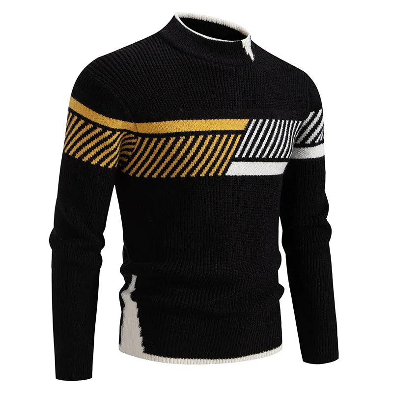 High Quality Men's New Autumn Winter Sweaters Casual Warm Mock Neck Pullovers Trend Color Blocking Design Men Sweaters Knit Tops