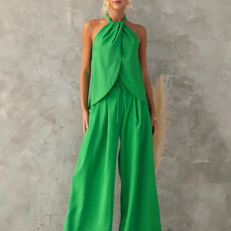 2025 Summer New Women's Elegant Solid Set Sexy Halter Tops+Lace-up Wide-leg Pants Two Piece Set Fashion High Street Office Lady