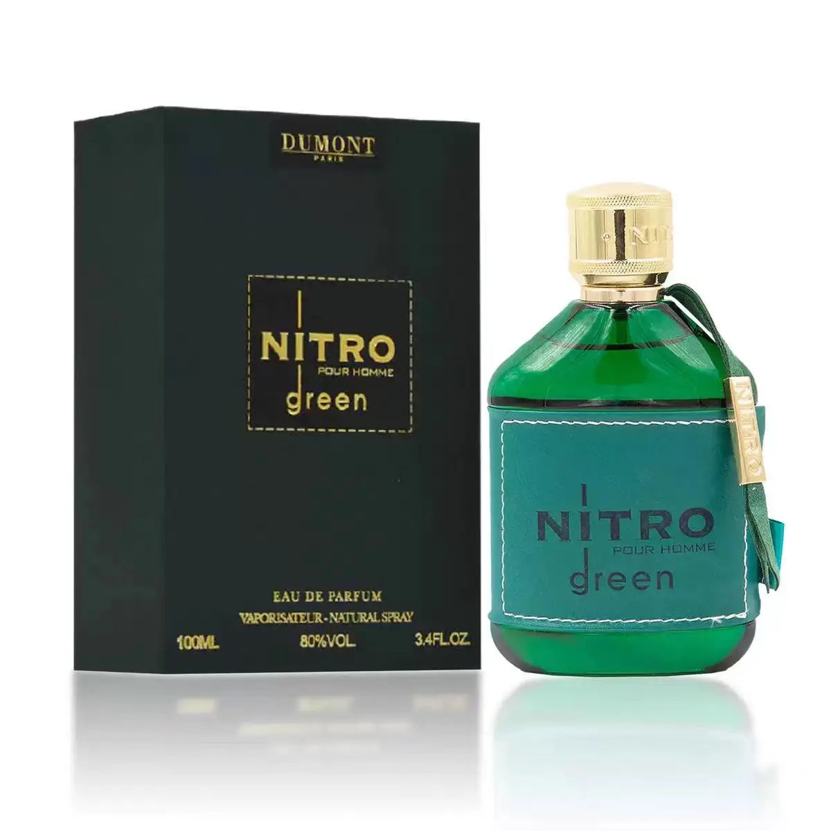 DUMONT NITRO GREEN men's perfume is a fresh wooden fragrance, with cedar, sandalwood and musk, calm and elegant, green and gold packaging, high class atmosphere, showing a gentleman's style.