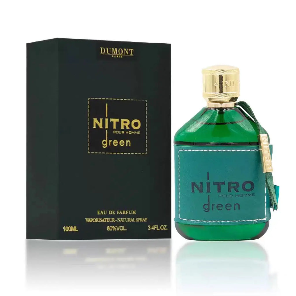 DUMONT NITRO GREEN men's perfume is a fresh wooden fragrance, with cedar, sandalwood and musk, calm and elegant, green and gold packaging, high class atmosphere, showing a gentleman's style.