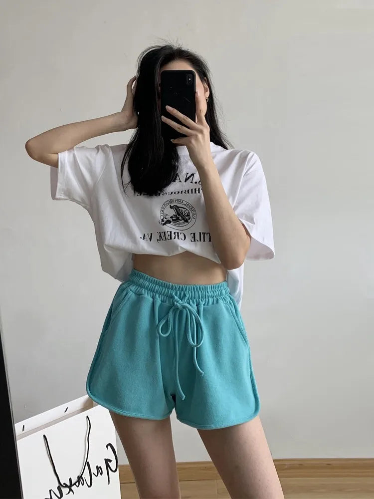 New2026 Women's Summer Casual Loose Drawstring Sports Shorts Elastic High Waist Fitness Running A-line Shorts Leisure Home Pants