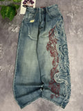 Mottled Totem Print Loose Jeans for Women Harajuku Trendy Hip-Hop Jeans Y2K American Retro High-Waist Wide-Leg Jeans for Women