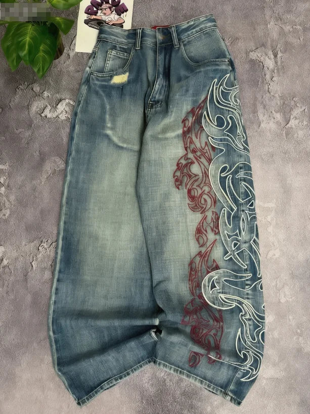 Mottled Totem Print Loose Jeans for Women Harajuku Trendy Hip-Hop Jeans Y2K American Retro High-Waist Wide-Leg Jeans for Women