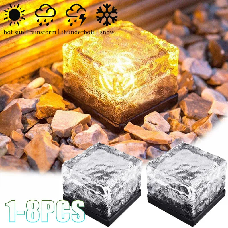 1-8PCS Square Solar Glass Brick Lights IP65 Waterproof LED Warm White Outdoor Landscape Path Lighting for Garden Courtyard Decor