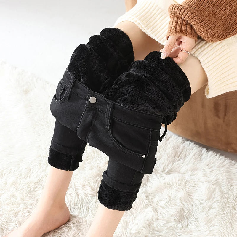 Women Thermal Jeans Winter Snow Warm Thickened Fleece Stretch Skinny Pencil Pants Fashion Korean Slim Fit Velvet Plush Pants