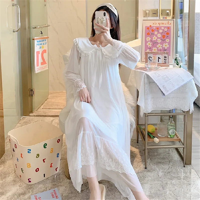 Spring Autumn Palace Gauze Dress Loose Princess Nightgown Women's Long Sleeve Night Shirt Lace Sweet Long Nightdress Home Wear