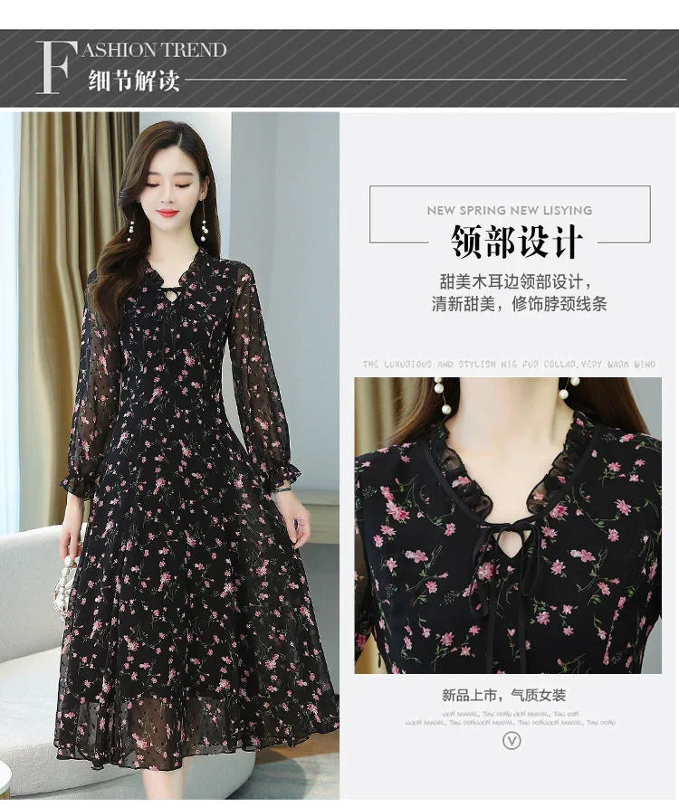 Woman Dress Summer Autumn New Long Sleeve Small Floral Chiffon Dress Dress Vestido De Mujer