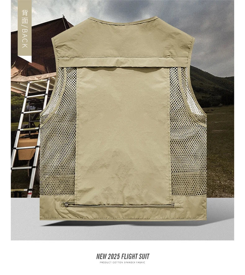 Mesh Men's Fishing Vest Multi Zip Pocket Hiking Waistcoat Male Light Thin Outdoor Sleeveless Jacket Work Summer Travel Plus Size