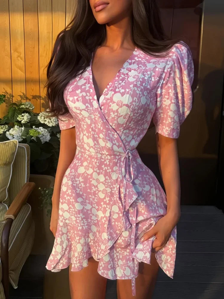 Elegant Printed Lace Up Dress Women V-neck Puff Short Sleeve Waist-cinching Mini Dresses Lady Daily Street Gowns 2026 Summer