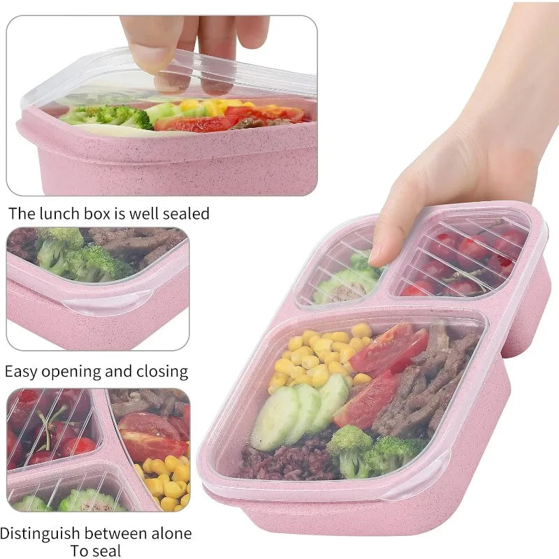 1pcs Lunch Box 3 Compartments Wheat Straw Rice Preparation Lunch Box with Transparent Plastic Cover Food Storage Container