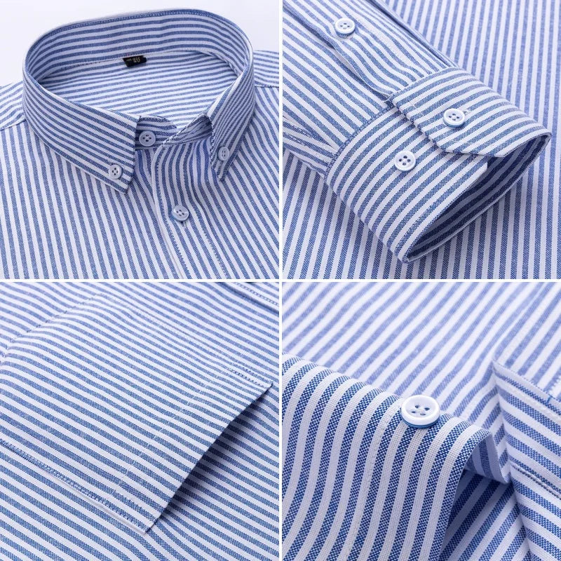 New Cotton Oxford Men's Shirts Long Sleeves Stripe Thin Soft Regular Fit Formal Dress Shirt Pocket Social Blouse Male Clothes