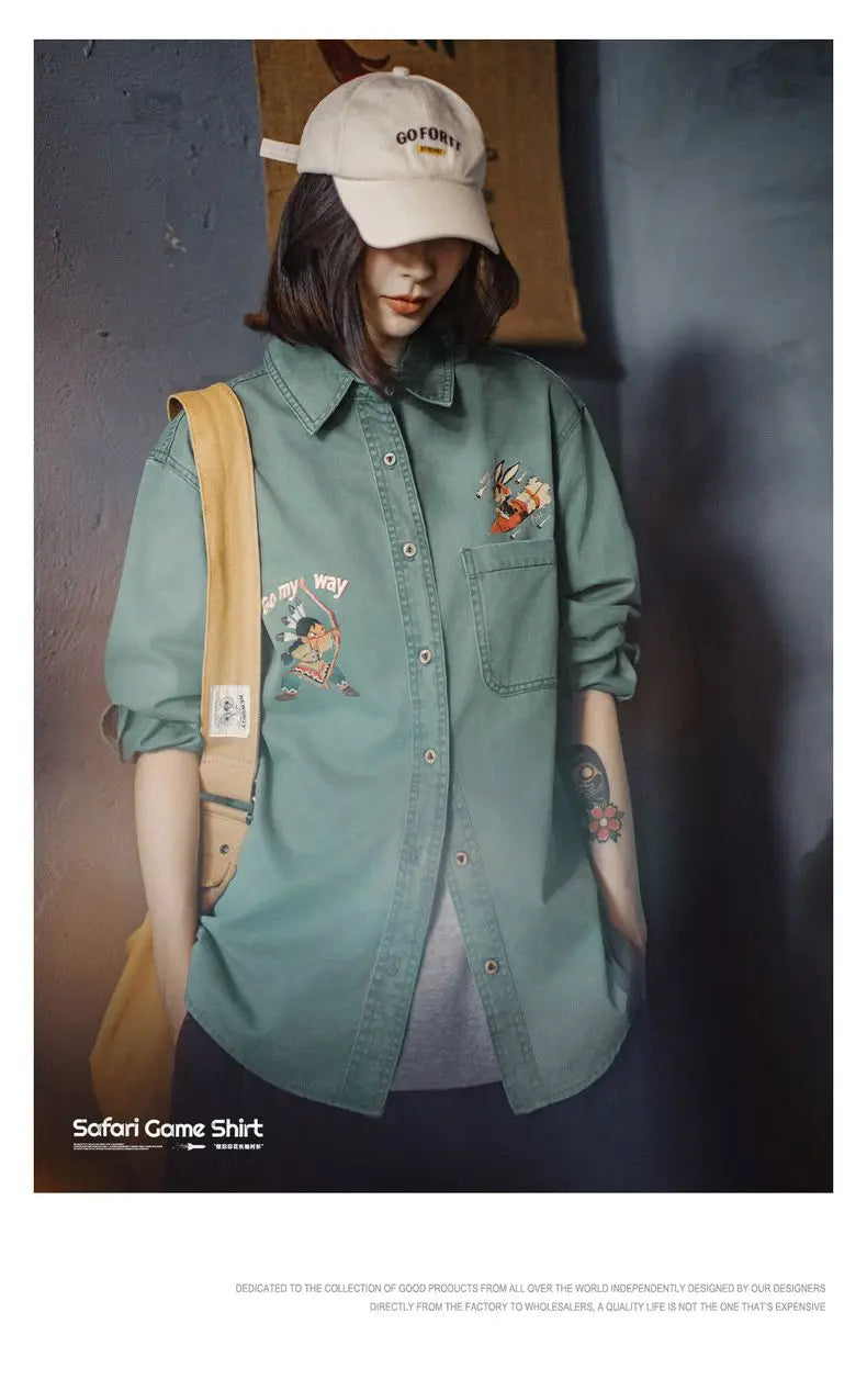 Maden Women's Vintage Washed  Embroidered Print Long Sleeve Shirt 100% Cotton Loose Fit Collar Blouse Single-breasted Fall Tops