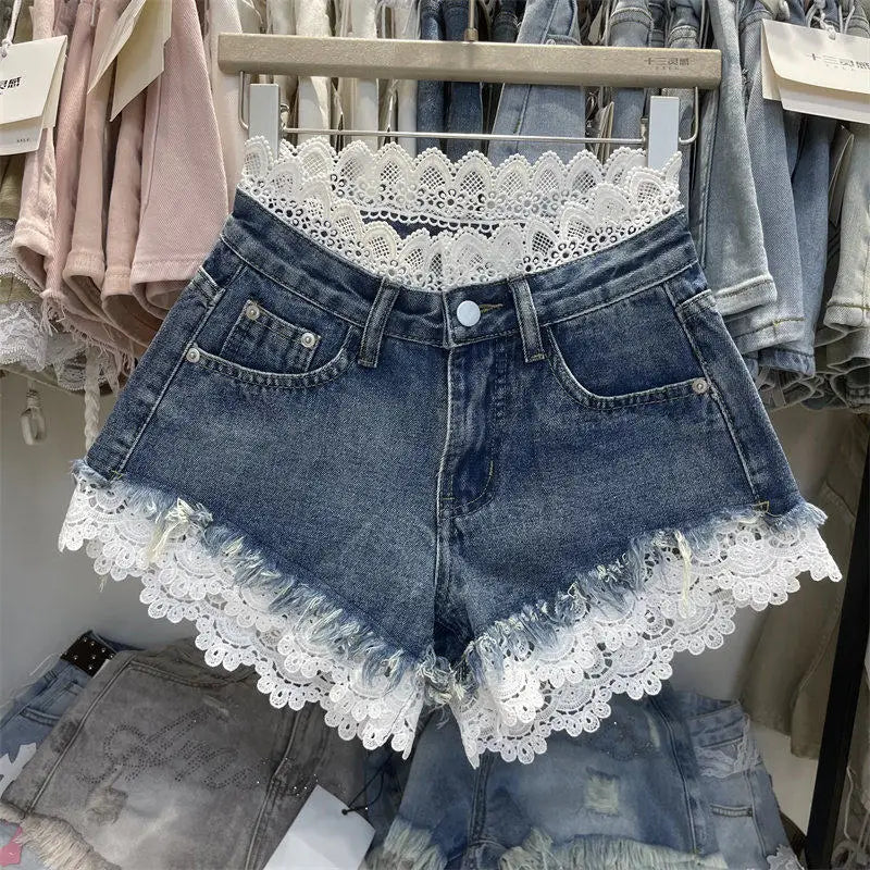 Light Blue Denim Shorts For Women High Waisted Raw Hem Lace Patchwork Petite Shorts Summer Casual Slim Fit Hot Pants