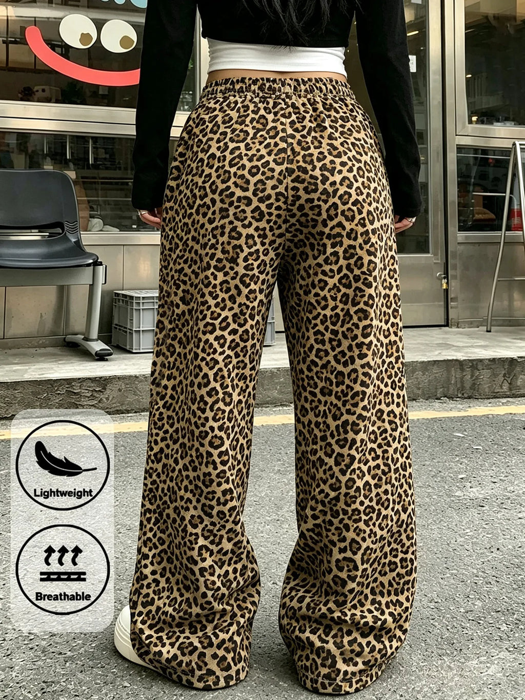 Women Leopard Spliced Wide Leg Sweatpants Drawstring Elastic Waist Casual Street Trousers
