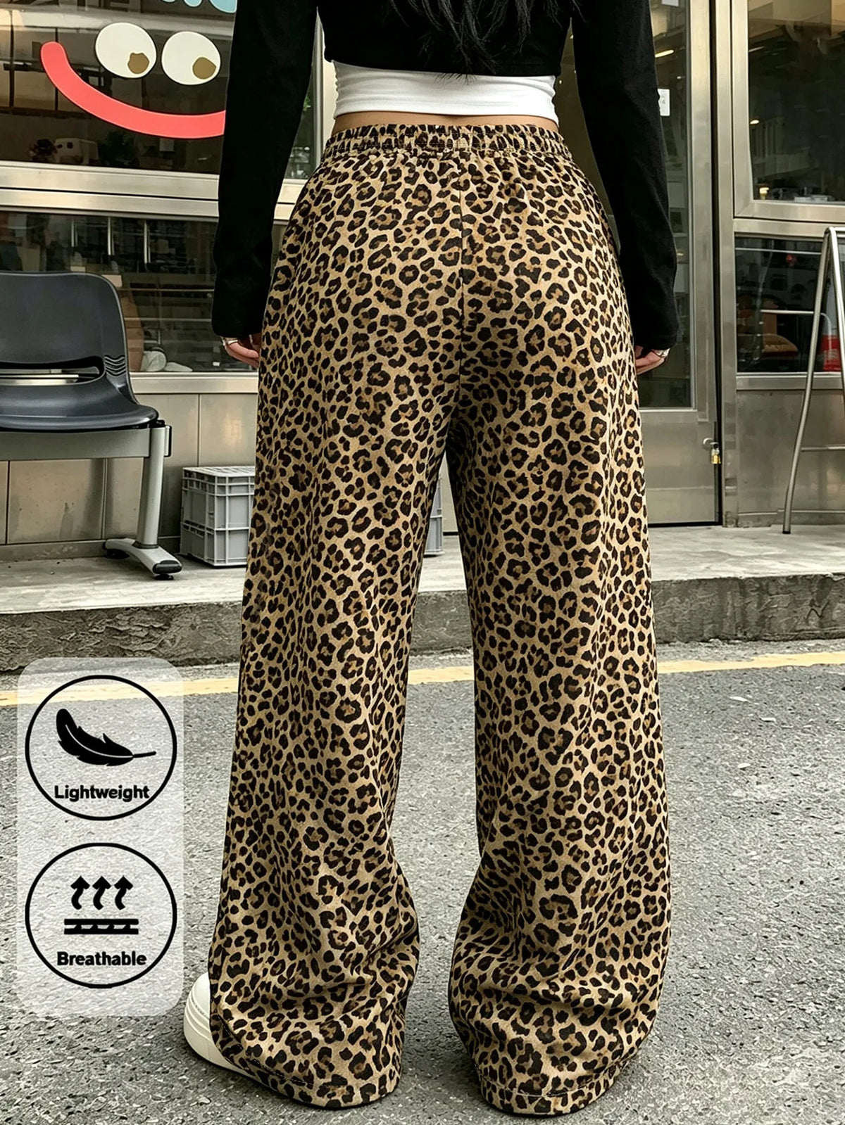 Women Leopard Spliced Wide Leg Sweatpants Drawstring Elastic Waist Casual Street Trousers