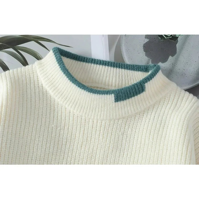 KIDWHXR 2026 Autumn Winter Men Sweaters Contrast Color Round Neck Male Knitted Tops Loose Long Sleeve Man Casual Pullovers