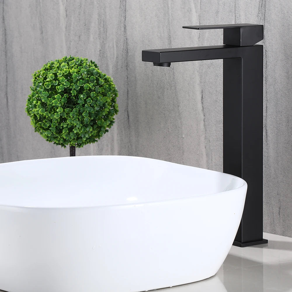 Matte Black  Bathroom Faucet Deck Mount 304 Stainless Steel  Cold and Hot Black  Square Sink Tap Short and Tall