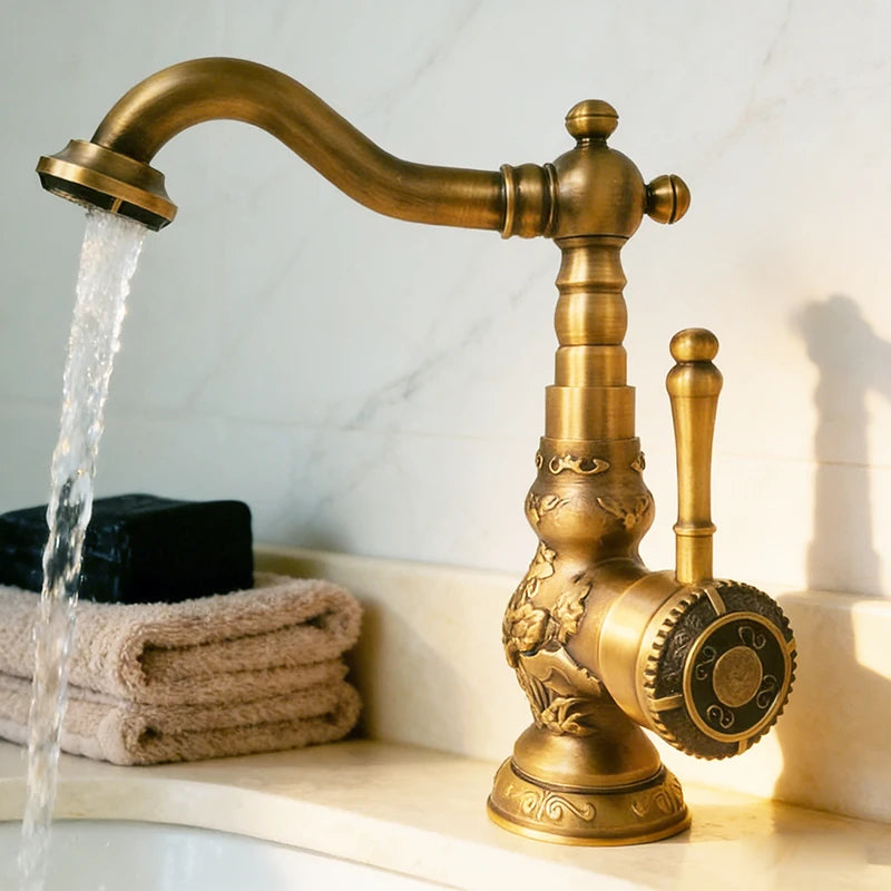 Luxury Antique Bronze Copper Carving Deck Mounted Kitchen Faucet Bathroom Basin Faucet Sink Faucet Mixer Hot and Cold Water Tap